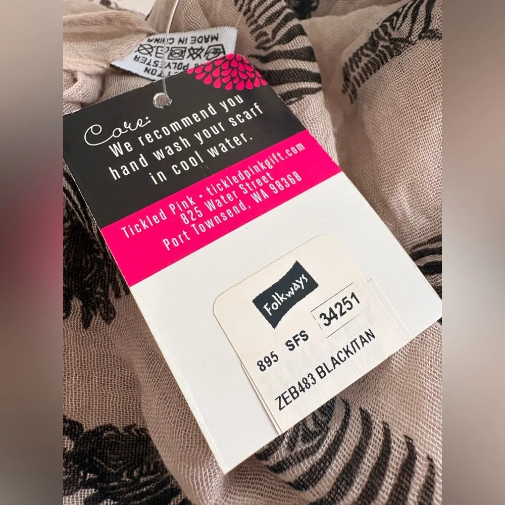 NWT Tickled Pink Black & Tan Zebra Print Wrap Scarf Size 27”x 76” - Picture 10 of 10